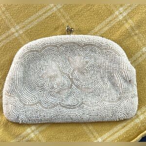 Vintage 1950s Evening Clutch White Seed Pearls Hand-Made Japan, Floral D…